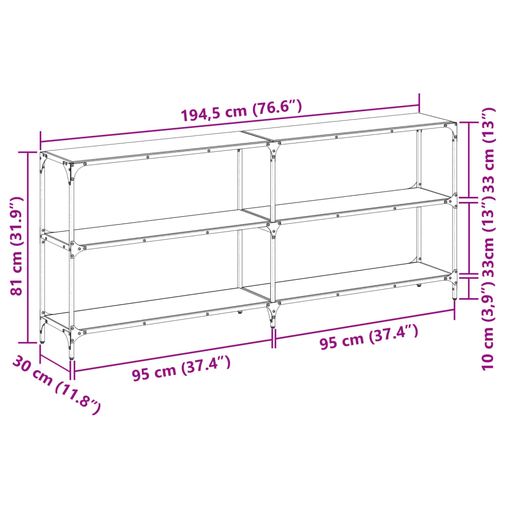 Table console avec dessus en verre noir 194,5x30x81 cm acier