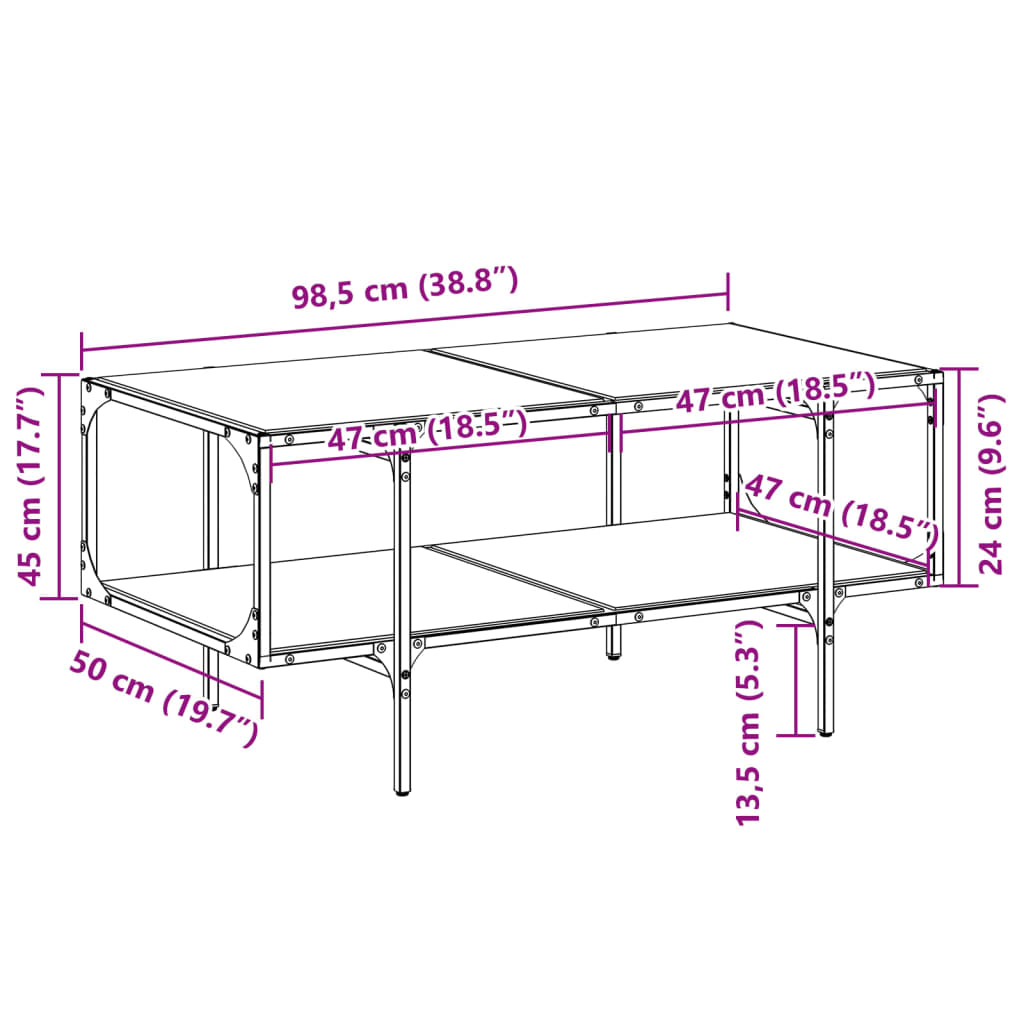 Table basse avec dessus en verre noir 98,5x50x45 cm acier