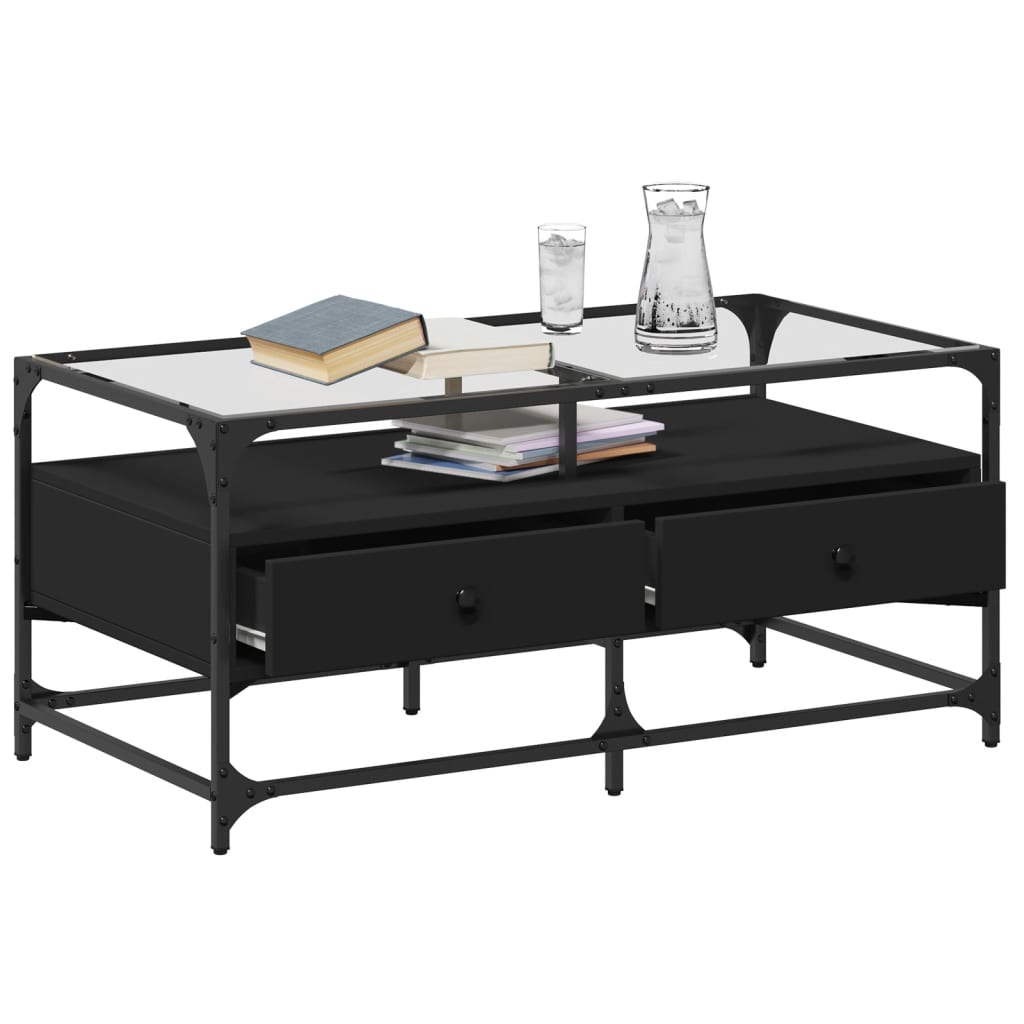 Table basse avec dessus en verre noir 98,5x50x45 cm acier