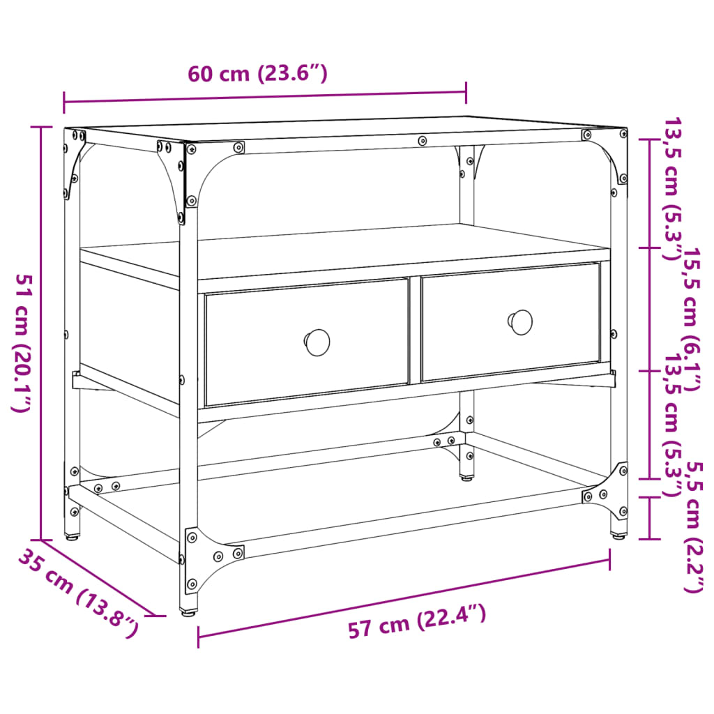 Meuble TV avec dessus en verre chêne fumé bois d'ingénierie