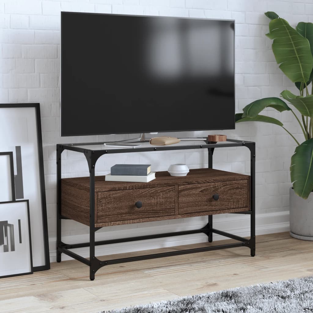 Meuble TV avec dessus en verre chêne marron bois d'ingénierie