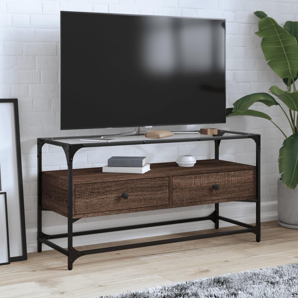 Meuble TV avec dessus en verre chêne marron bois d'ingénierie