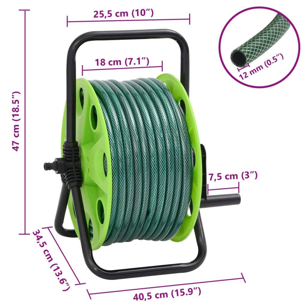 Enrouleur de tuyau vert sur pied avec tuyau de 50 m PVC