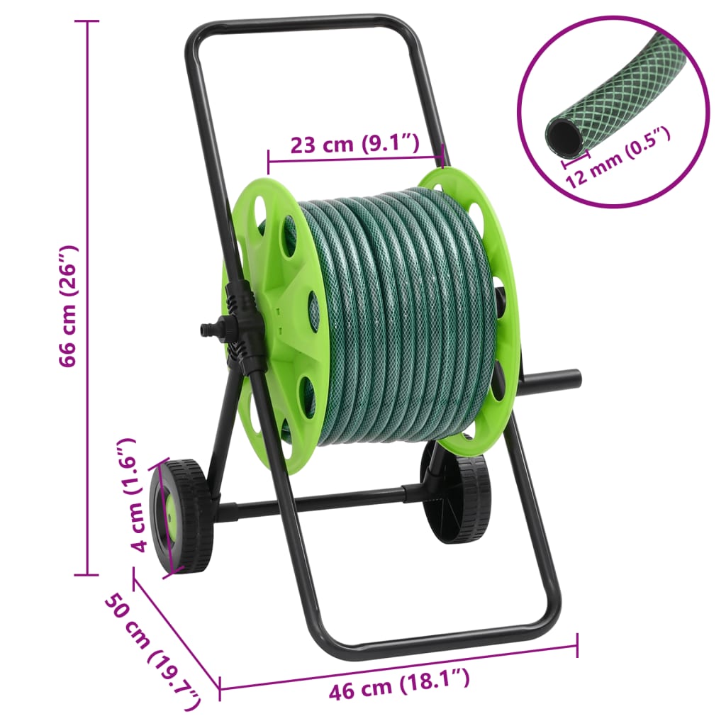 Chariot enrouleur vert avec tuyau de 50 m PVC