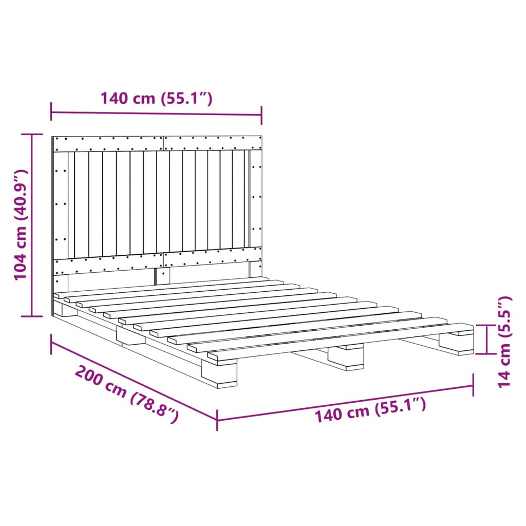 Cadre de lit sans matelas gris 140x200 cm bois massif de pin