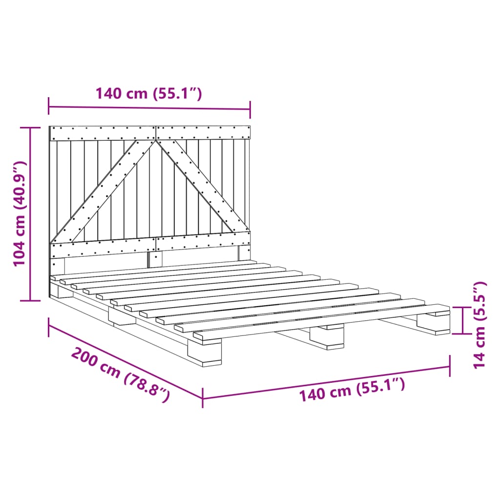 Cadre de lit sans matelas gris 140x200 cm bois massif de pin