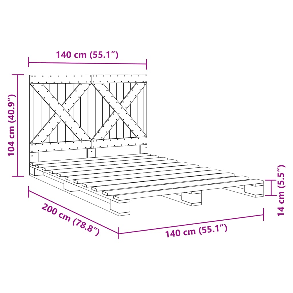 Cadre de lit sans matelas gris 140x200 cm bois massif de pin