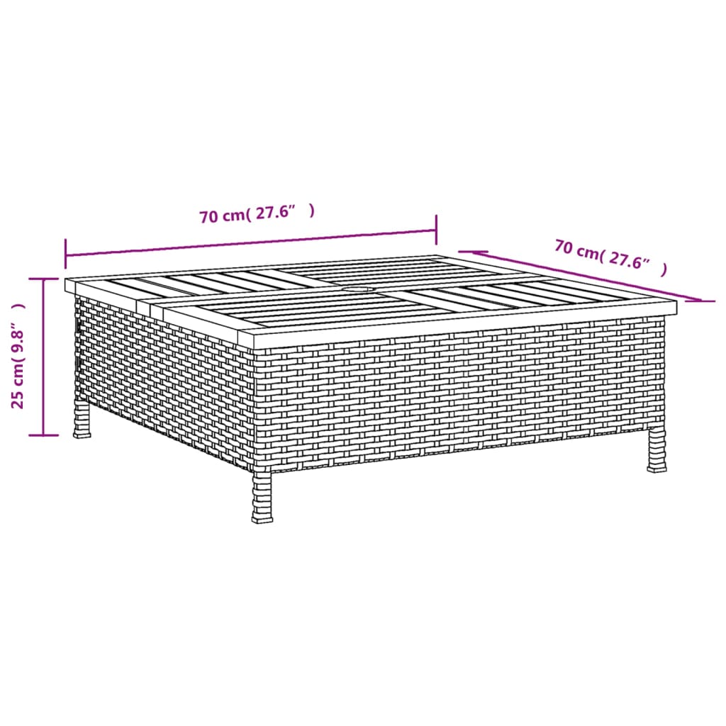 Table de jardin gris 70x70x25 cm résine tressée et bois acacia