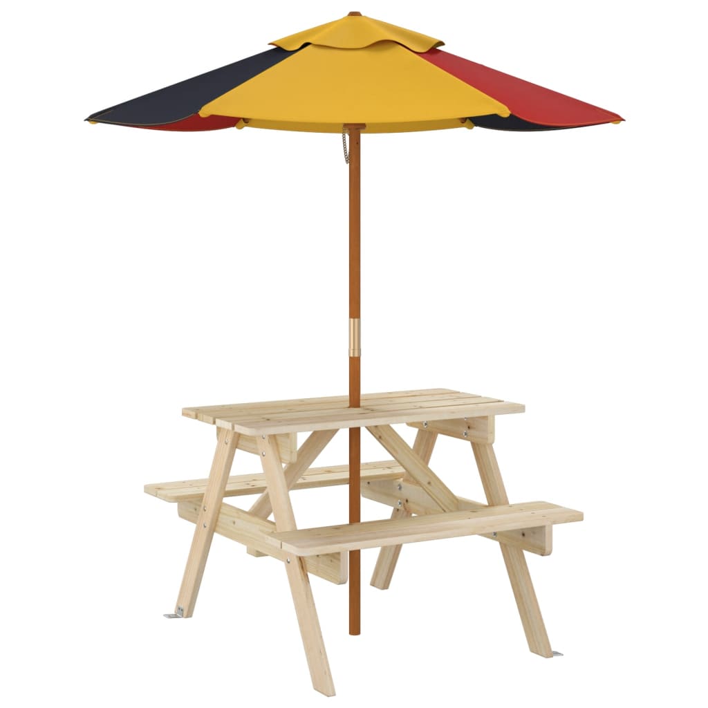 Picnic table for 4 children with parasol in fir wood