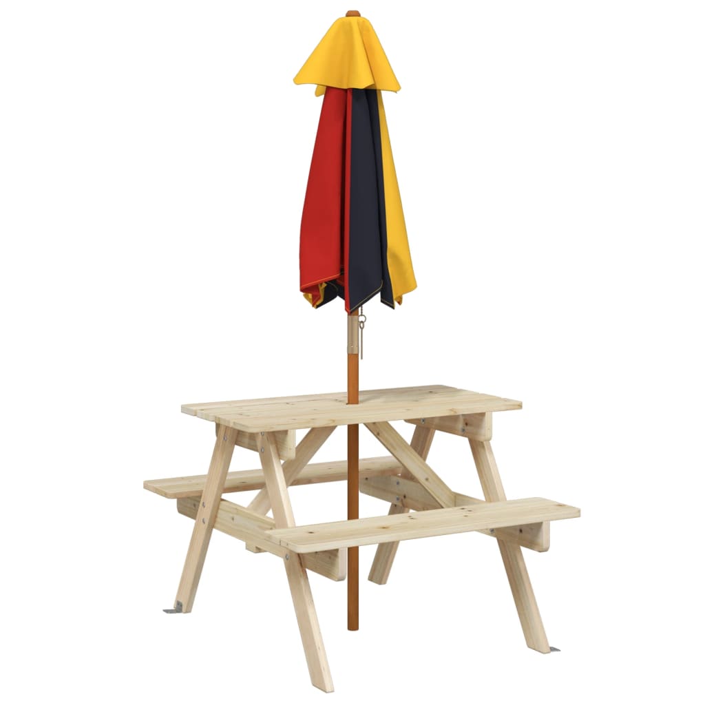 Picnic table for 4 children with parasol in fir wood