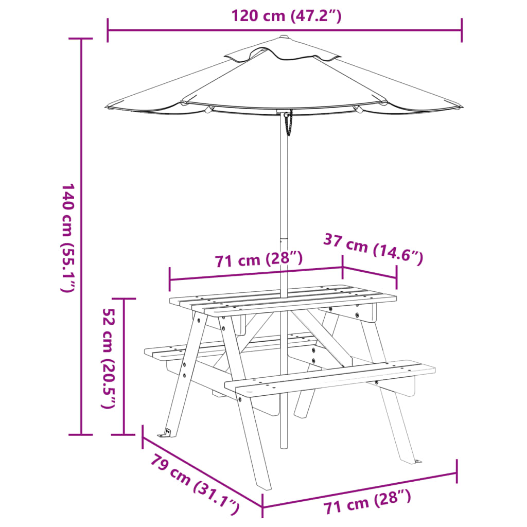 Picnic table for 4 children with parasol in fir wood