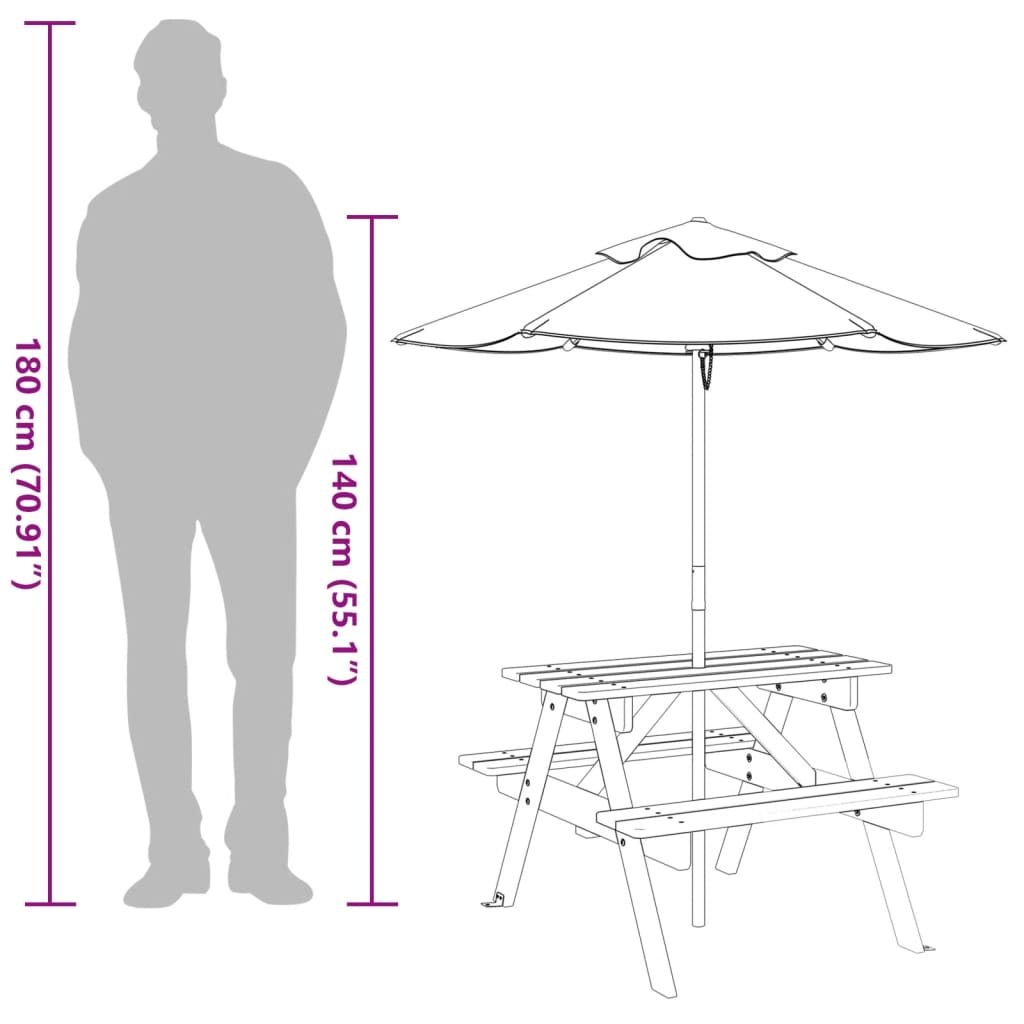 Table de pique-nique pour 4 enfants avec parasol bois de sapin