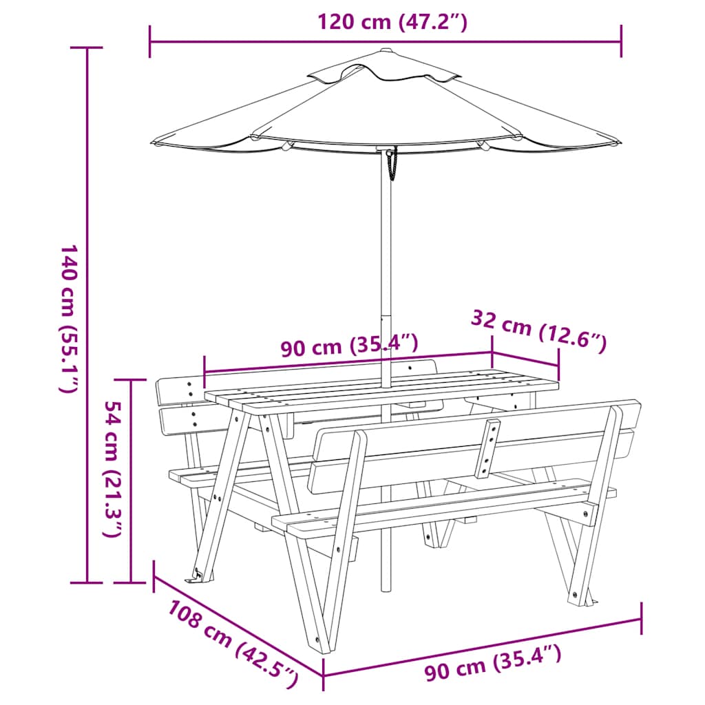 Table de pique-nique pour 4 enfants avec parasol bois de sapin