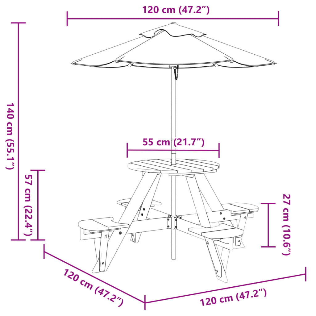 Table de pique-nique pour 4 enfants avec parasol rond sapin