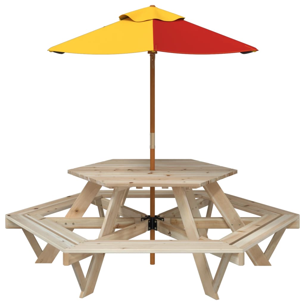 Table de pique-nique pour 6 enfants avec parasol hexagone sapin