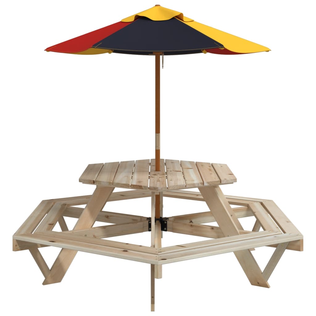 Table de pique-nique pour 6 enfants avec parasol hexagone sapin