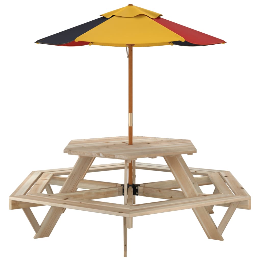 Table de pique-nique pour 6 enfants avec parasol hexagone sapin