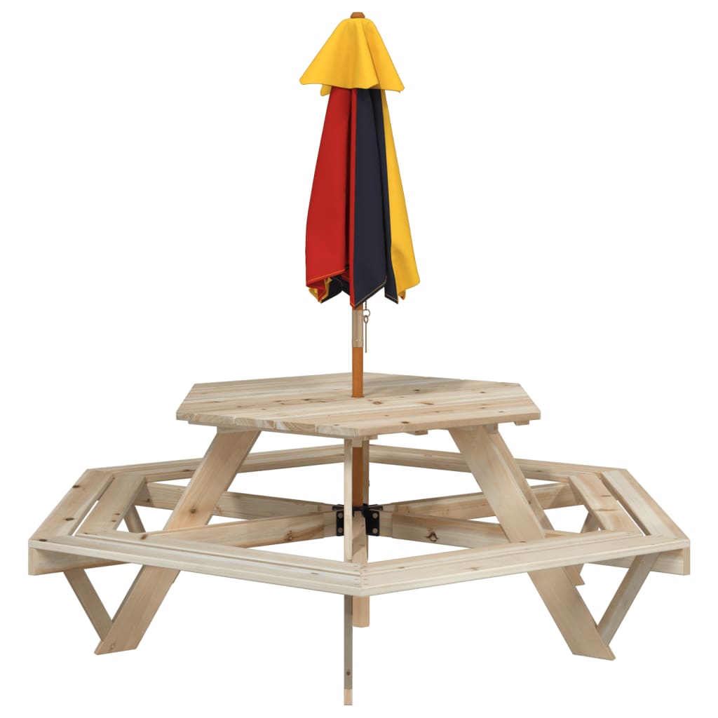 Table de pique-nique pour 6 enfants avec parasol hexagone sapin