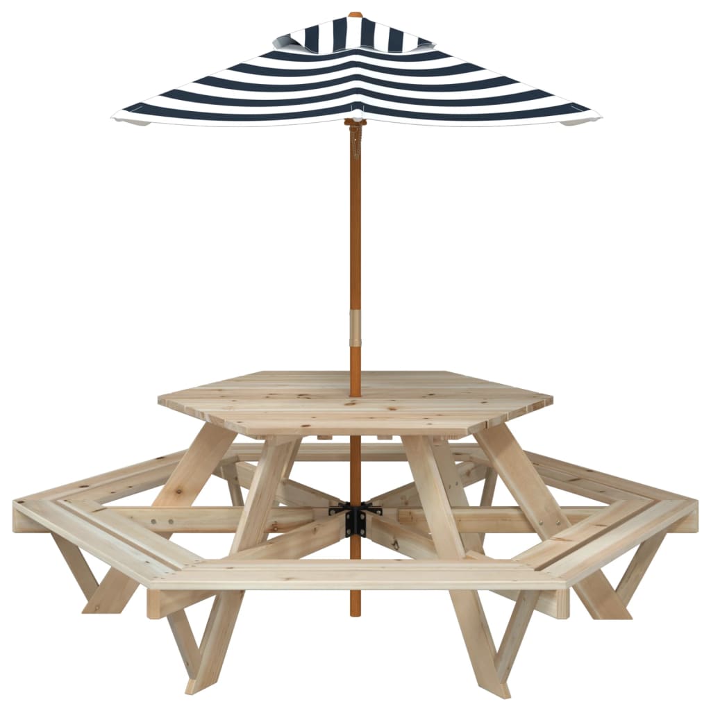 Table de pique-nique pour 6 enfants avec parasol hexagone sapin