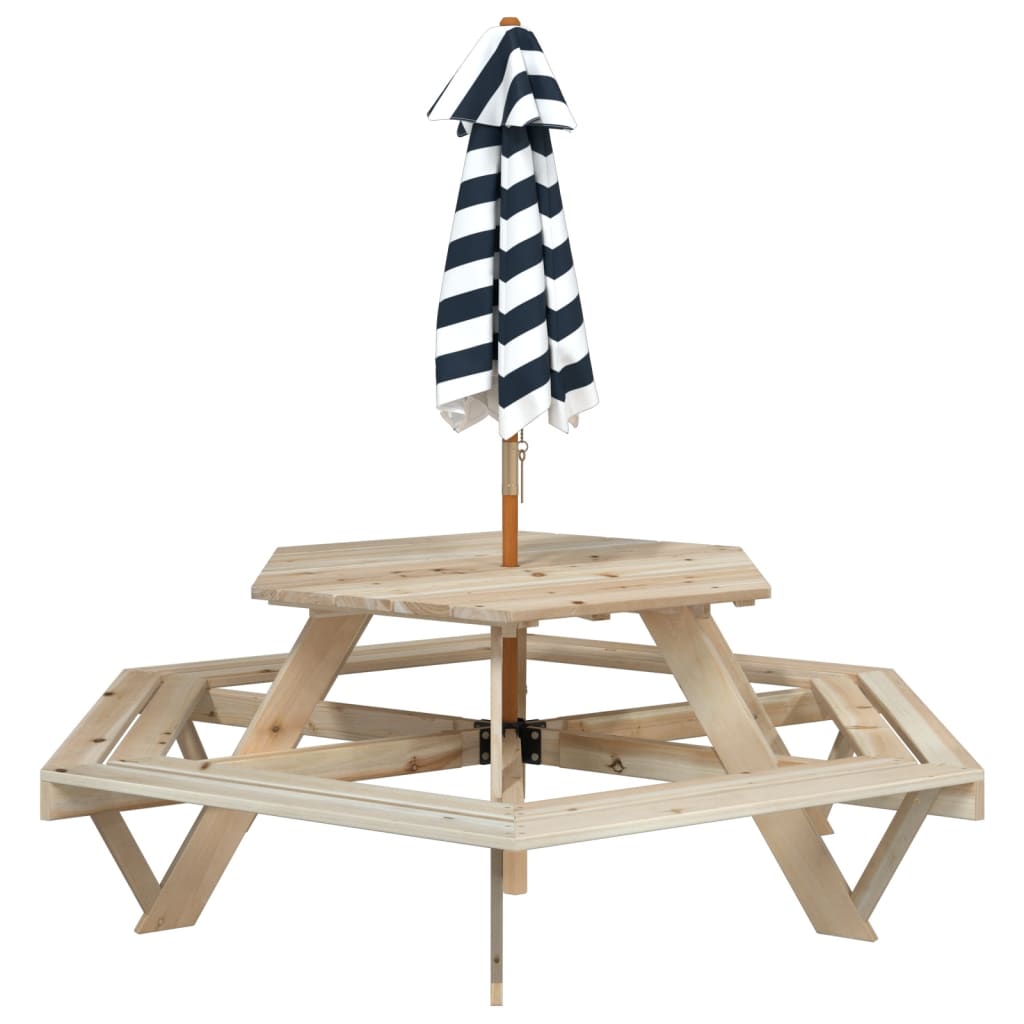 Table de pique-nique pour 6 enfants avec parasol hexagone sapin