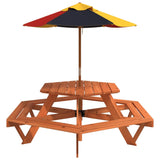 Table de pique-nique pour 6 enfants avec parasol hexagone sapin