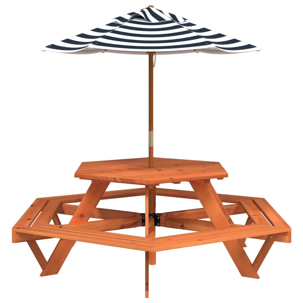 Table de pique-nique pour 6 enfants avec parasol hexagone sapin