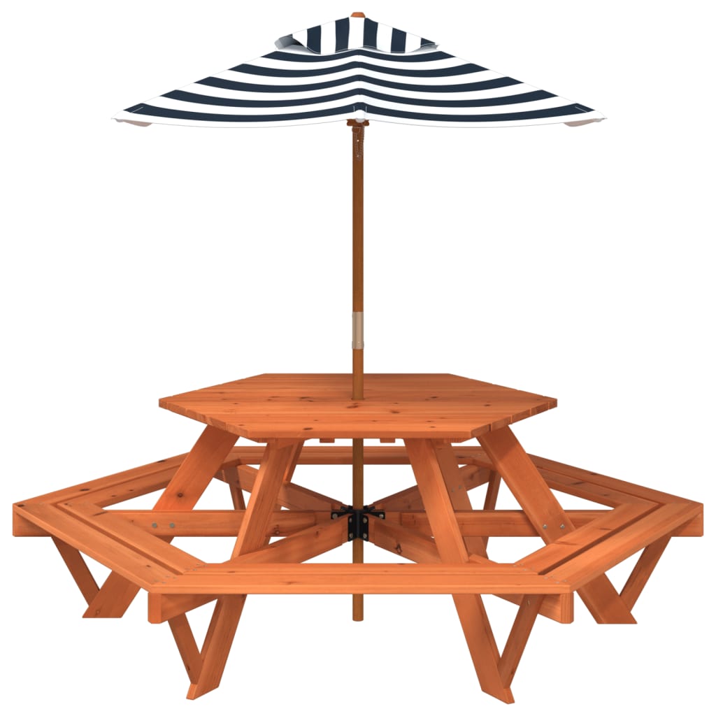 Table de pique-nique pour 6 enfants avec parasol hexagone sapin