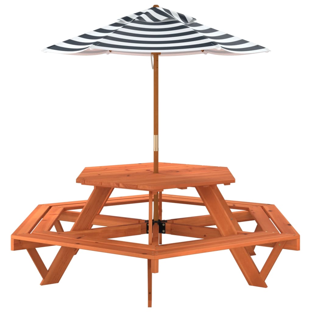 Table de pique-nique pour 6 enfants avec parasol hexagone sapin