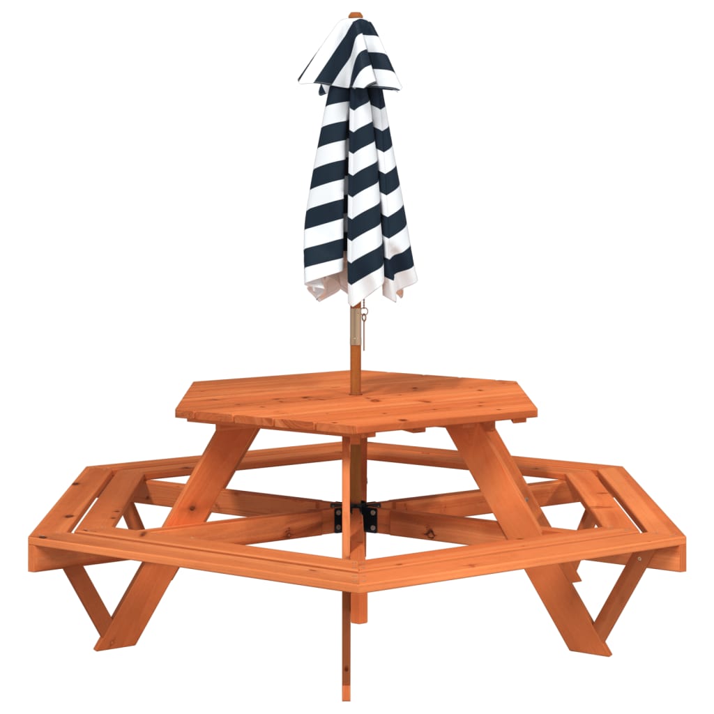 Table de pique-nique pour 6 enfants avec parasol hexagone sapin