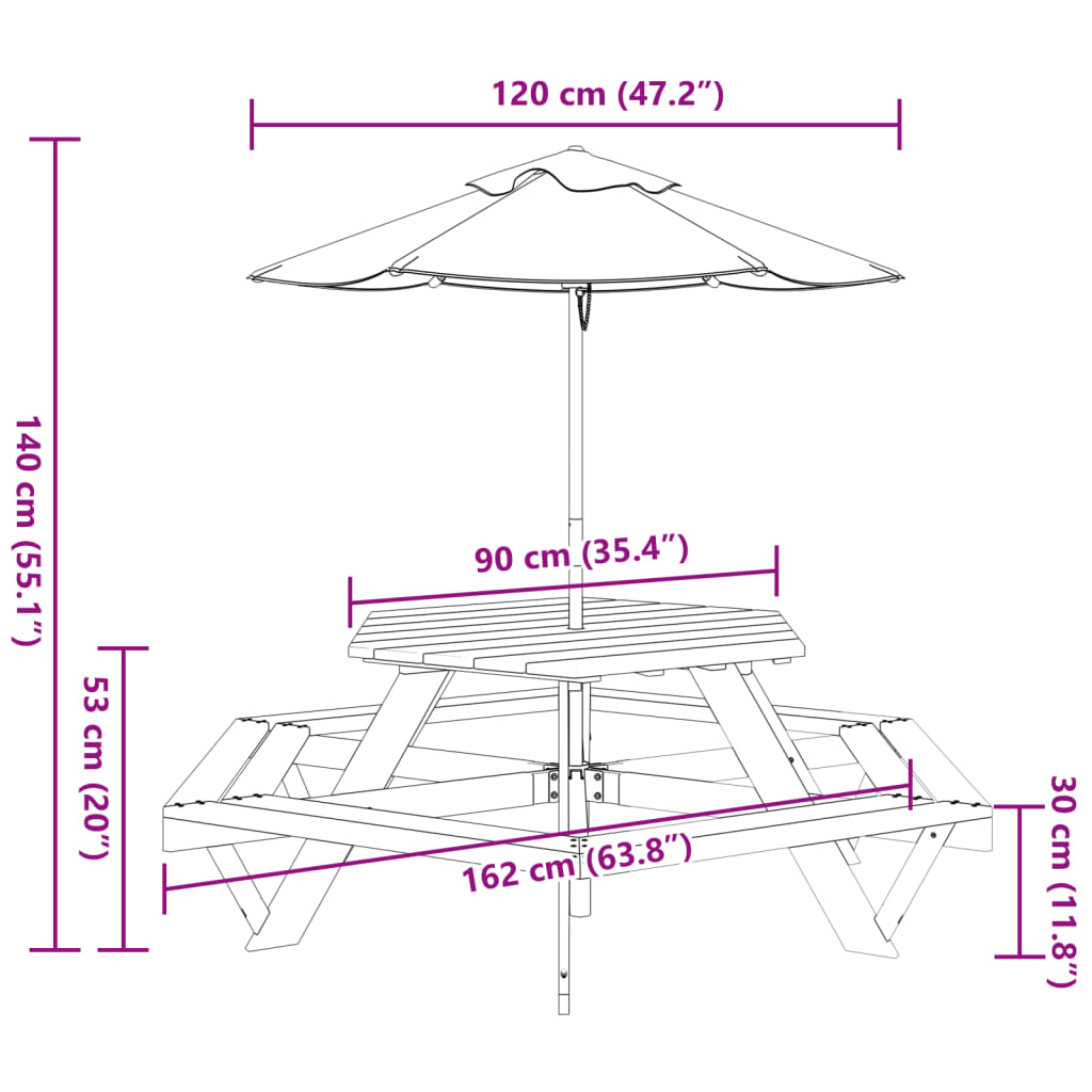 Table de pique-nique pour 6 enfants avec parasol hexagone sapin