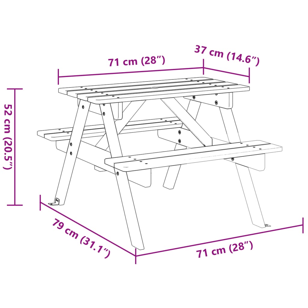 Table de pique-nique pour 4 enfants avec trou de parasol sapin