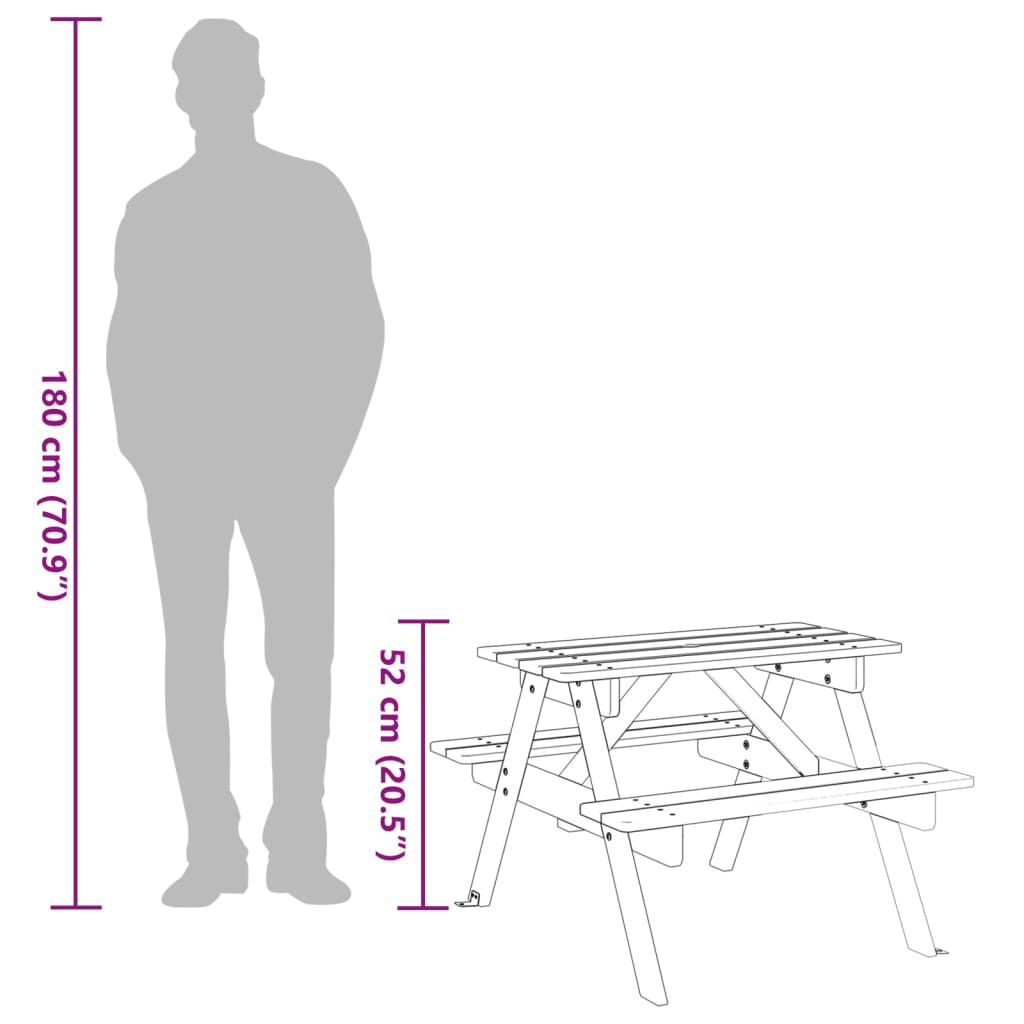 Table de pique-nique pour 4 enfants avec trou de parasol sapin