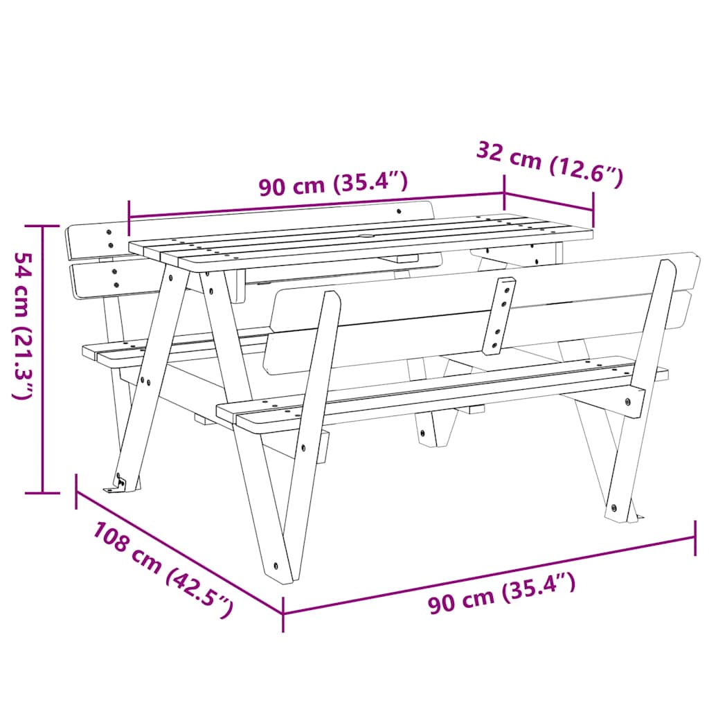 Table de pique-nique pour 4 enfants avec trou de parasol sapin