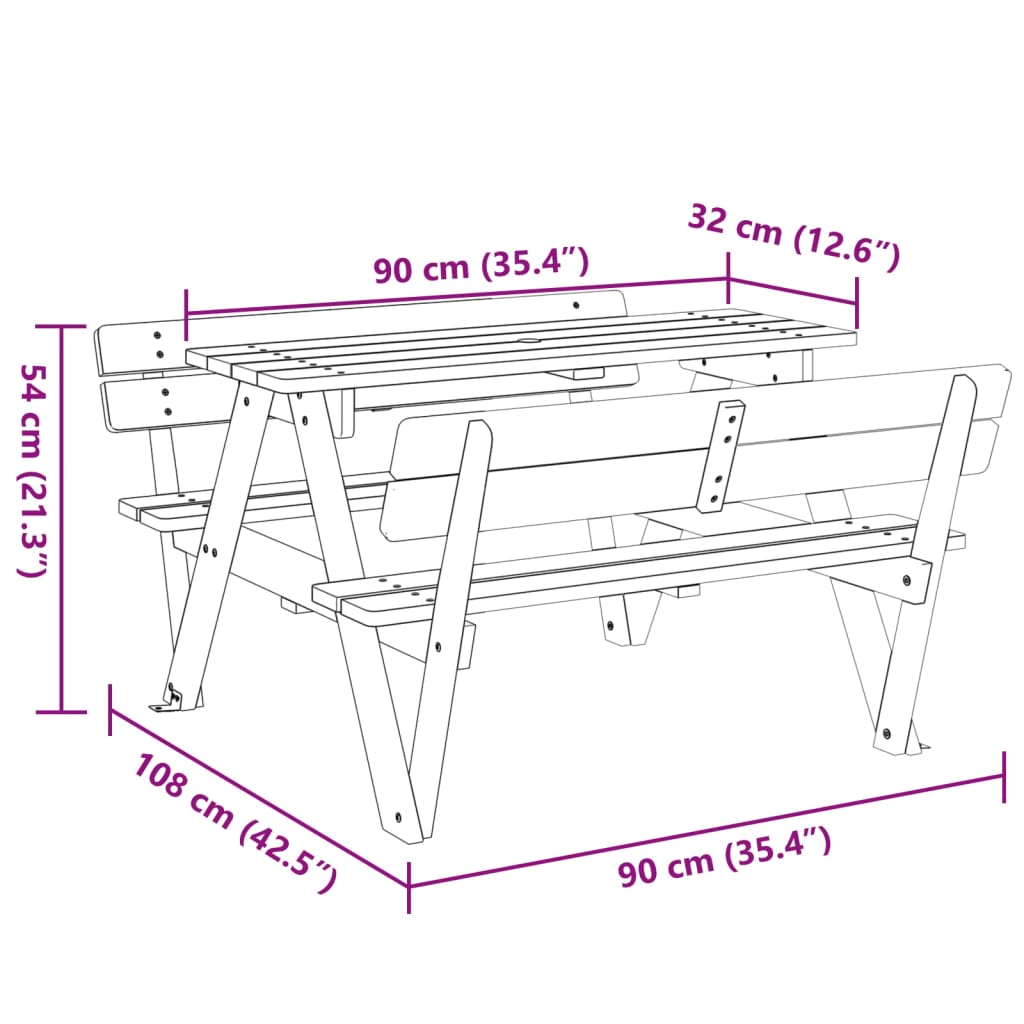 Table de pique-nique pour 4 enfants avec trou de parasol sapin