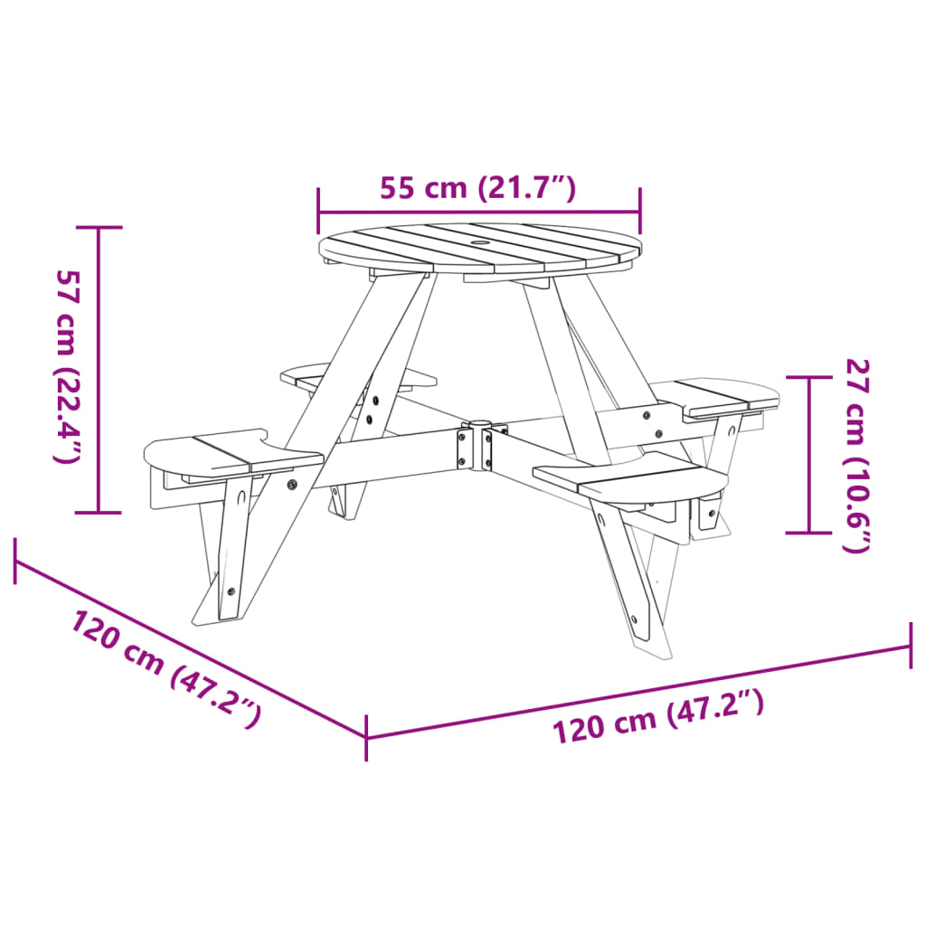 Table de pique-nique pour 4 enfants avec trou de parasol rond