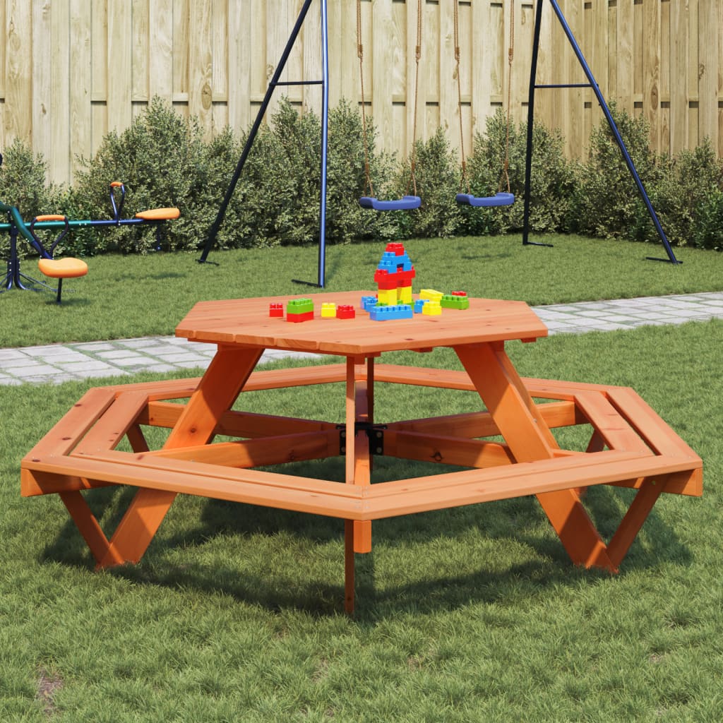 Table de pique-nique pour 6 enfants avec bancs hexagonal sapin