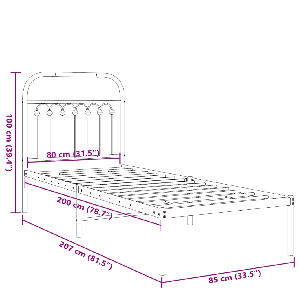 Cadre de lit métal sans matelas avec tête de lit noir 80x200 cm