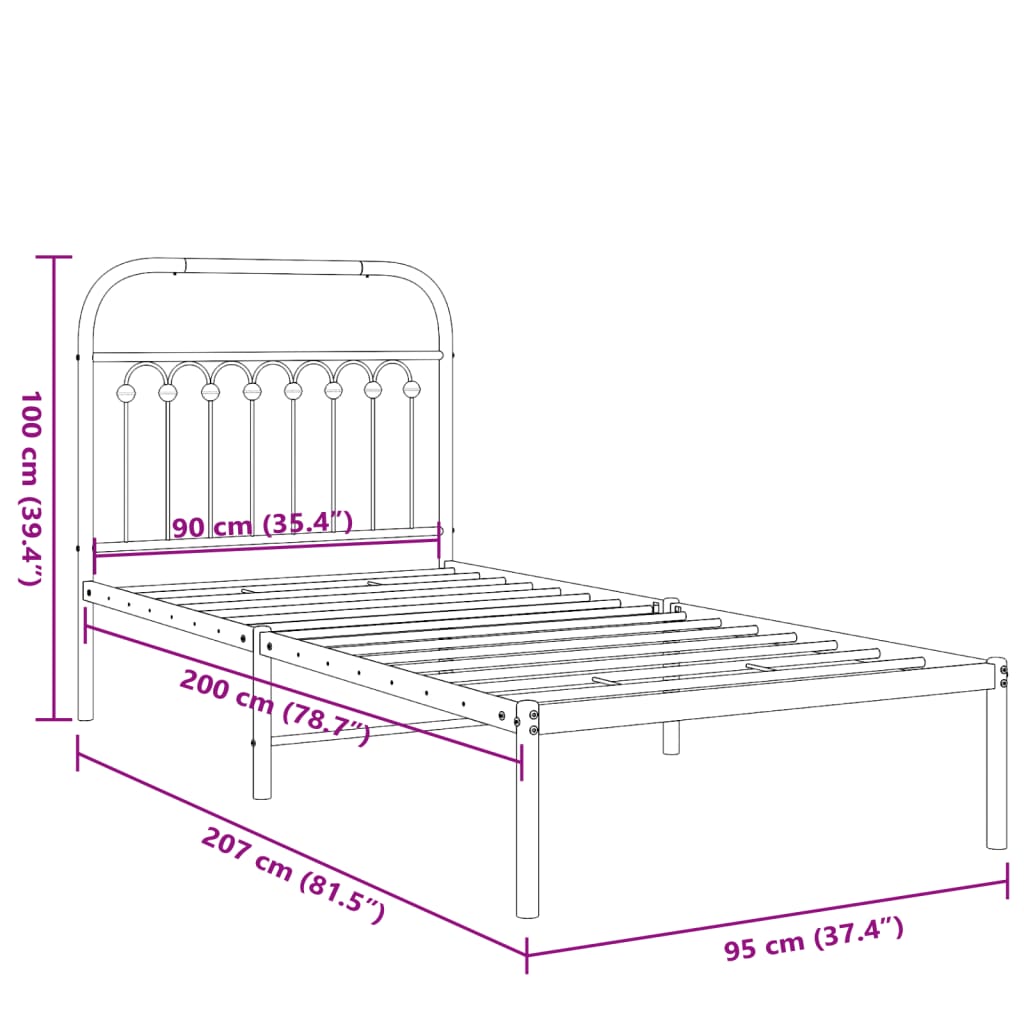 Cadre de lit métal sans matelas avec tête de lit noir 90x200 cm