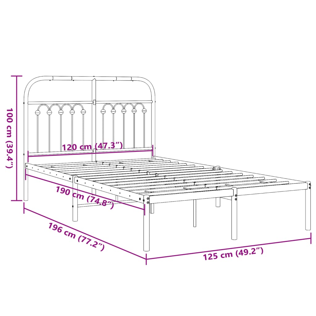 Cadre de lit métal sans matelas avec tête de lit noir 120x190cm