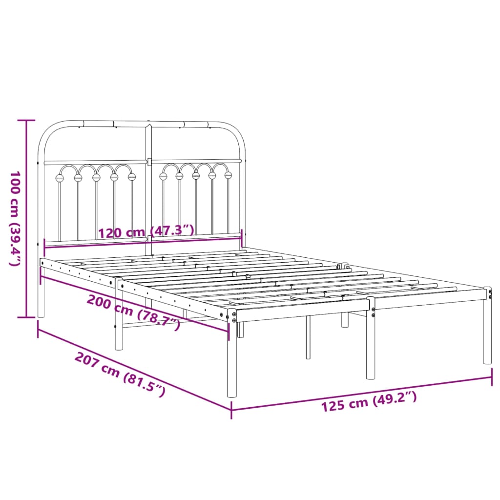 Cadre de lit métal sans matelas avec tête de lit noir 120x200cm