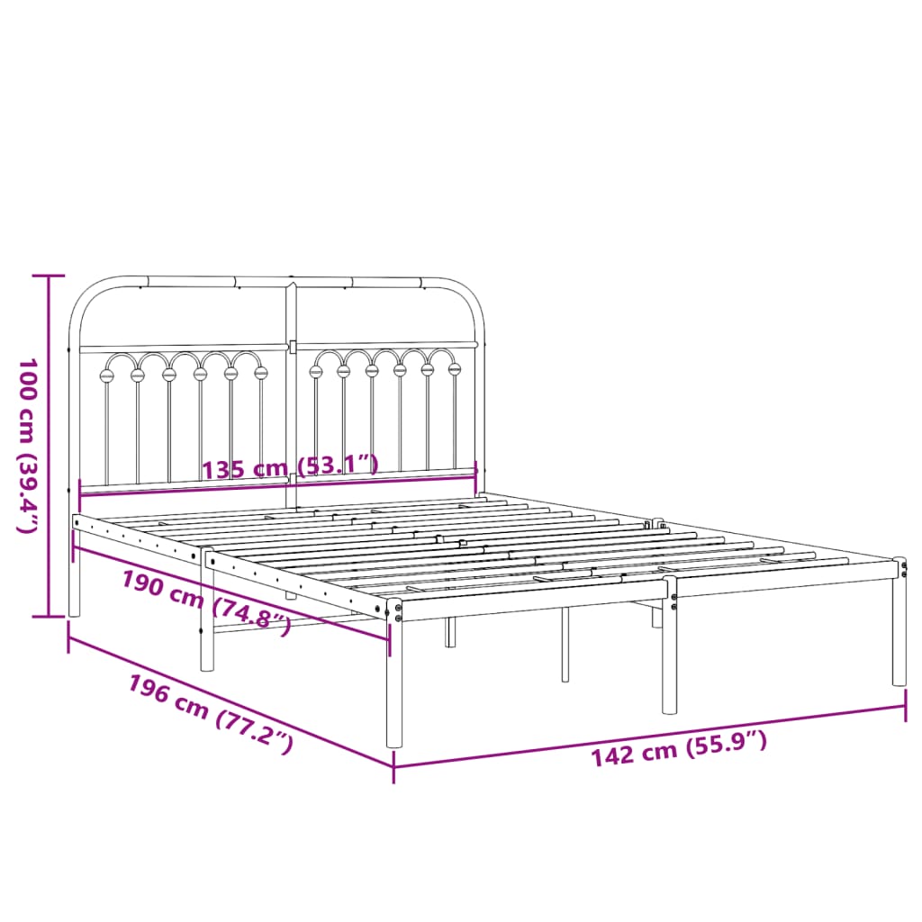 Cadre de lit métal sans matelas avec tête de lit noir 135x190cm