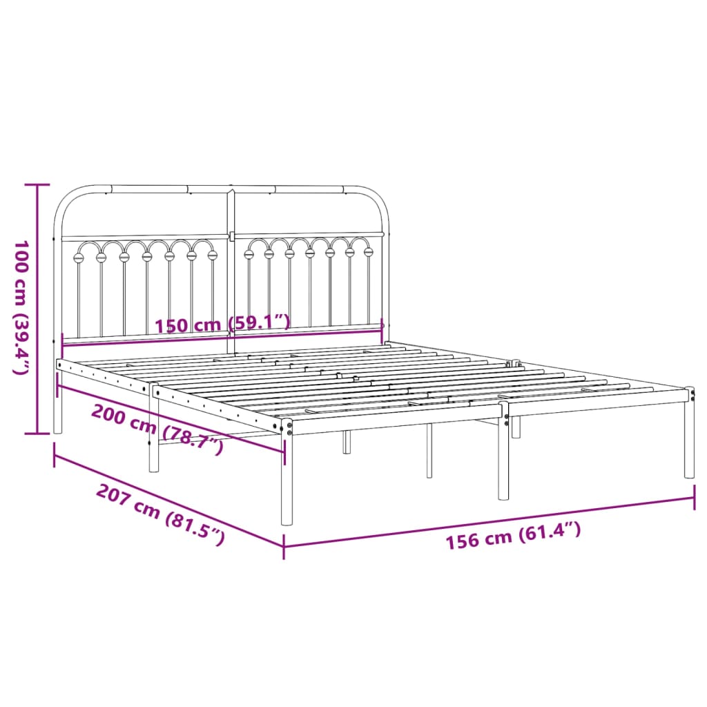 Cadre de lit métal sans matelas avec tête de lit noir 150x200cm