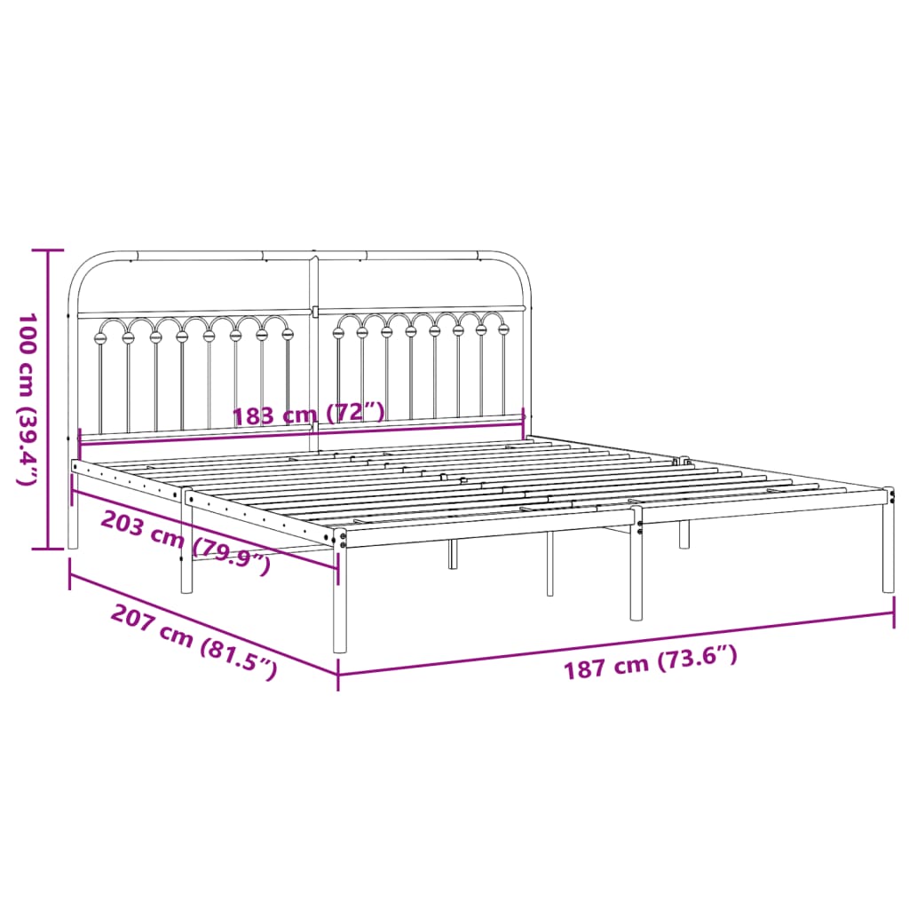 Cadre de lit métal sans matelas avec tête de lit noir 183x203cm