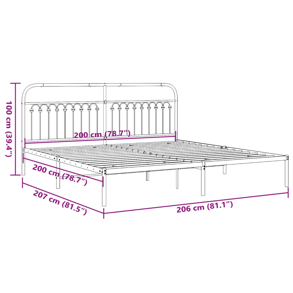 Cadre de lit métal sans matelas avec tête de lit noir 200x200cm