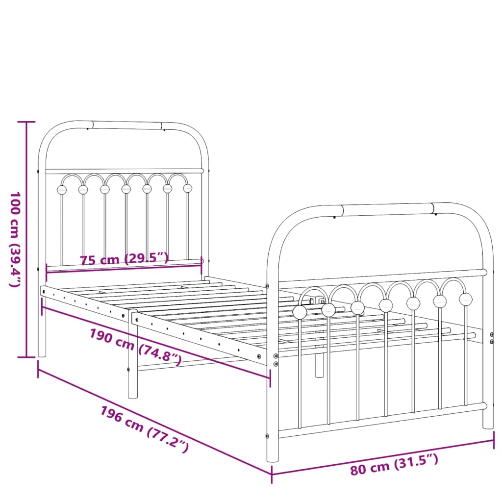 Cadre de lit métal sans matelas avec pied de lit noir 75x190 cm