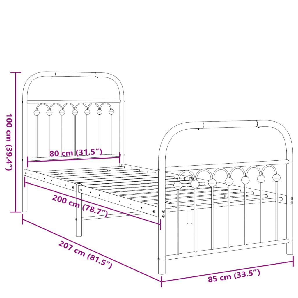 Cadre de lit métal sans matelas avec pied de lit noir 80x200 cm