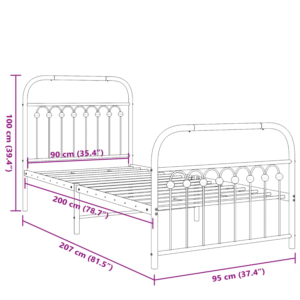 Cadre de lit métal sans matelas avec pied de lit noir 90x200 cm