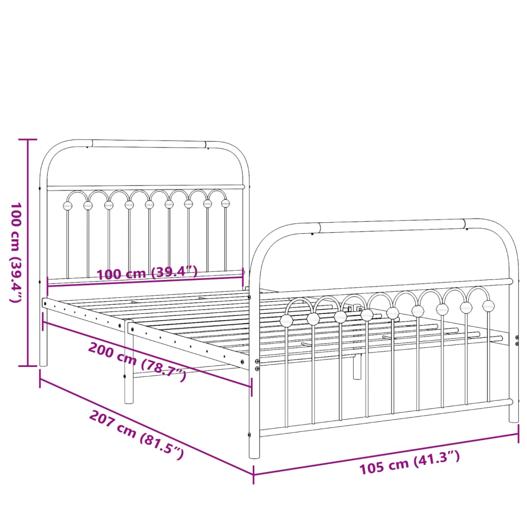 Cadre de lit métal sans matelas et pied de lit noir 100x200 cm