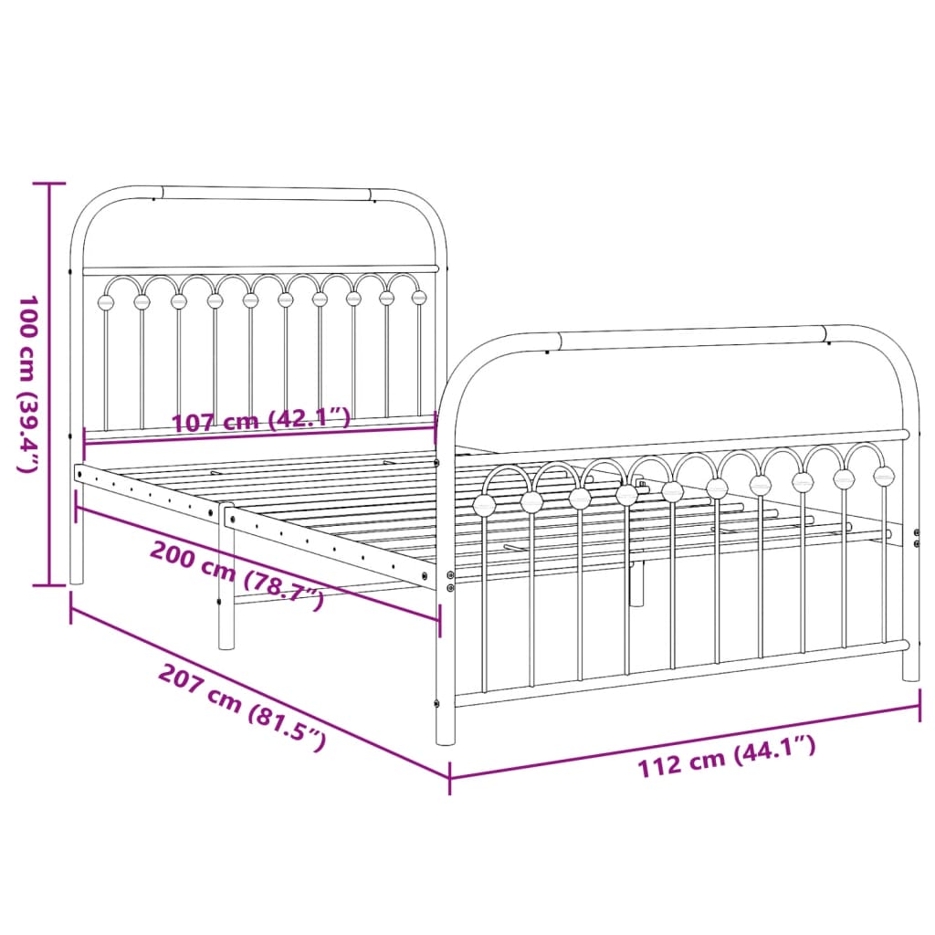 Cadre de lit métal sans matelas avec pied de lit noir 107x203cm