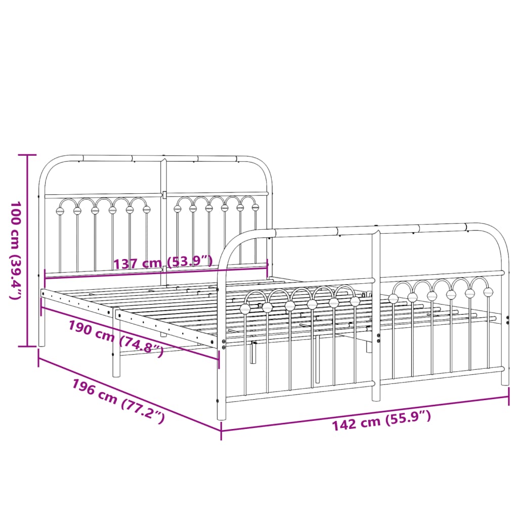 Cadre de lit métal sans matelas avec pied de lit noir 137x190cm